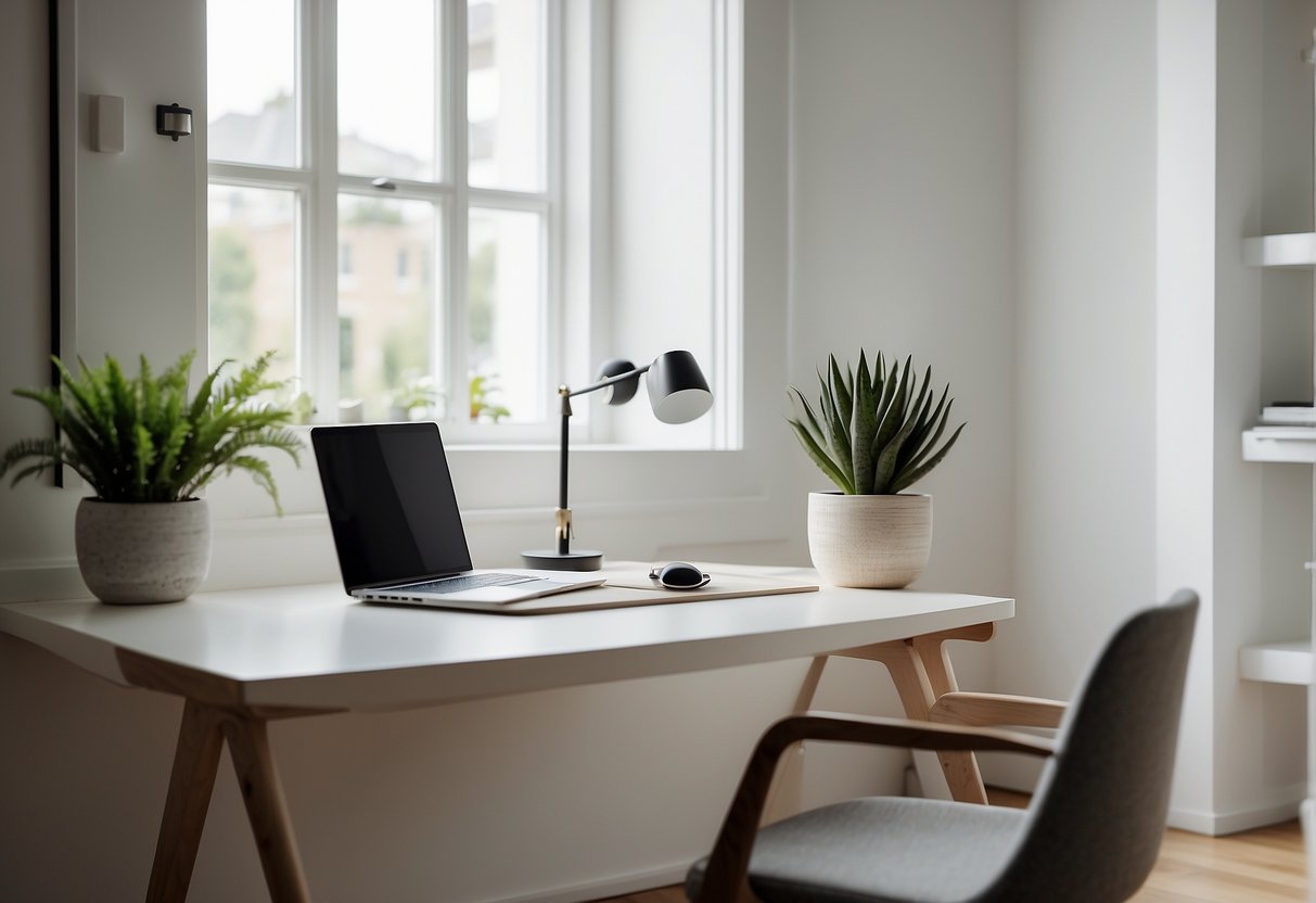 A clean, white minimalist writing desk sits in a bright home office, with a sleek chair and a few simple accessories