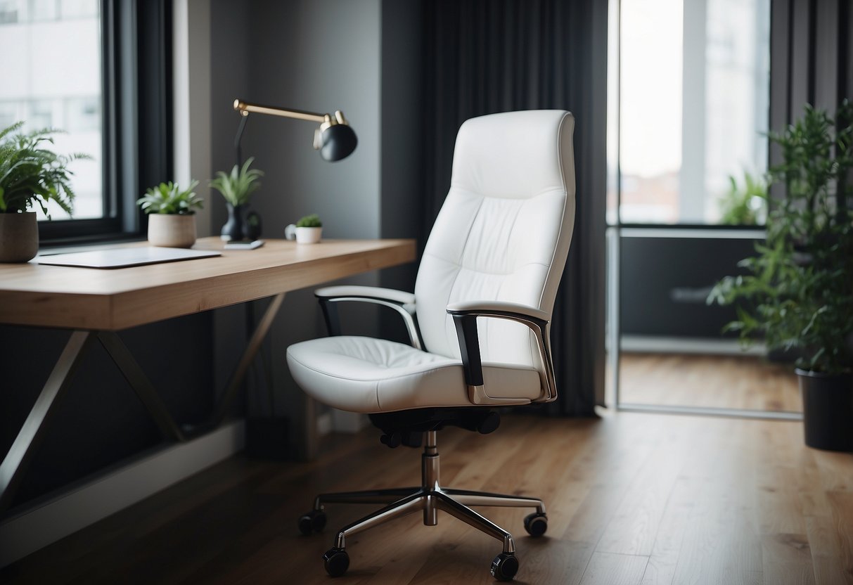 A white Scandinavian office chair sits in a minimalist home office with clean lines and modern furniture