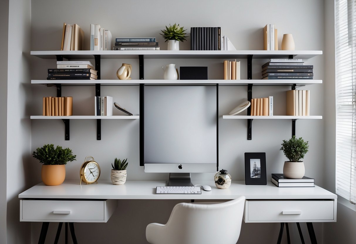 White floating shelves hold books and decor above a white desk with a matching chair in a bright home office