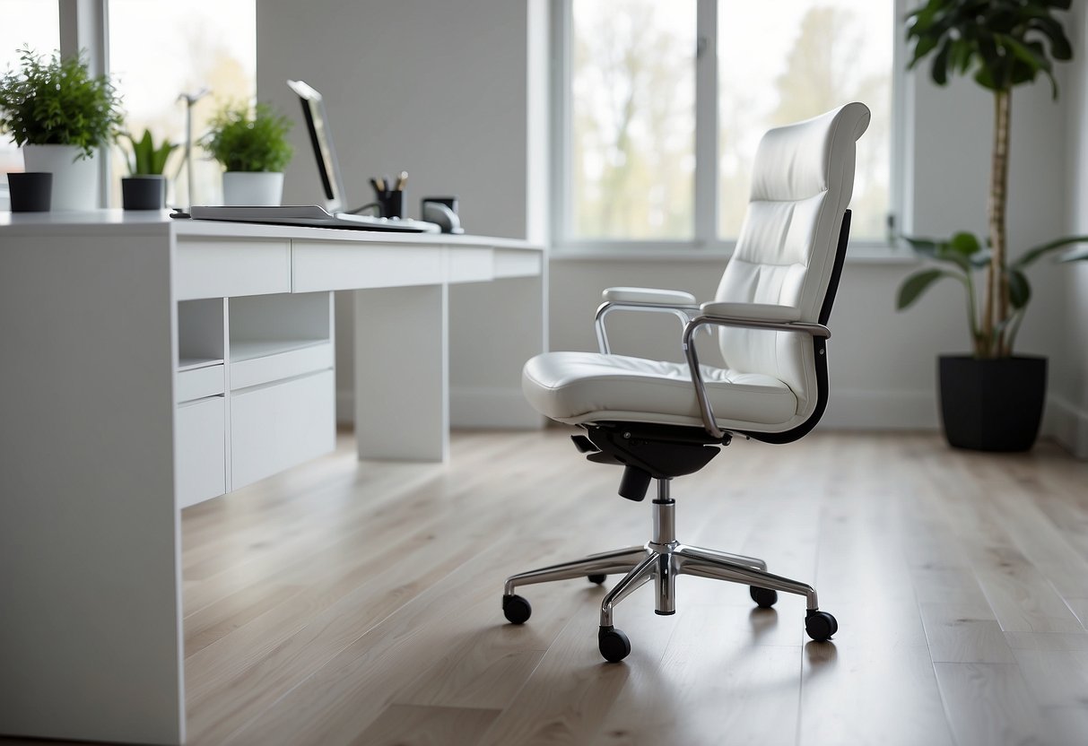 A white ergonomic desk chair sits in a modern home office, surrounded by white furniture, creating a clean and minimalist workspace