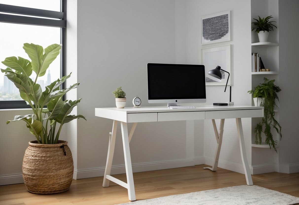 A clean, modern white standing desk with minimalist decor in a bright home office setting