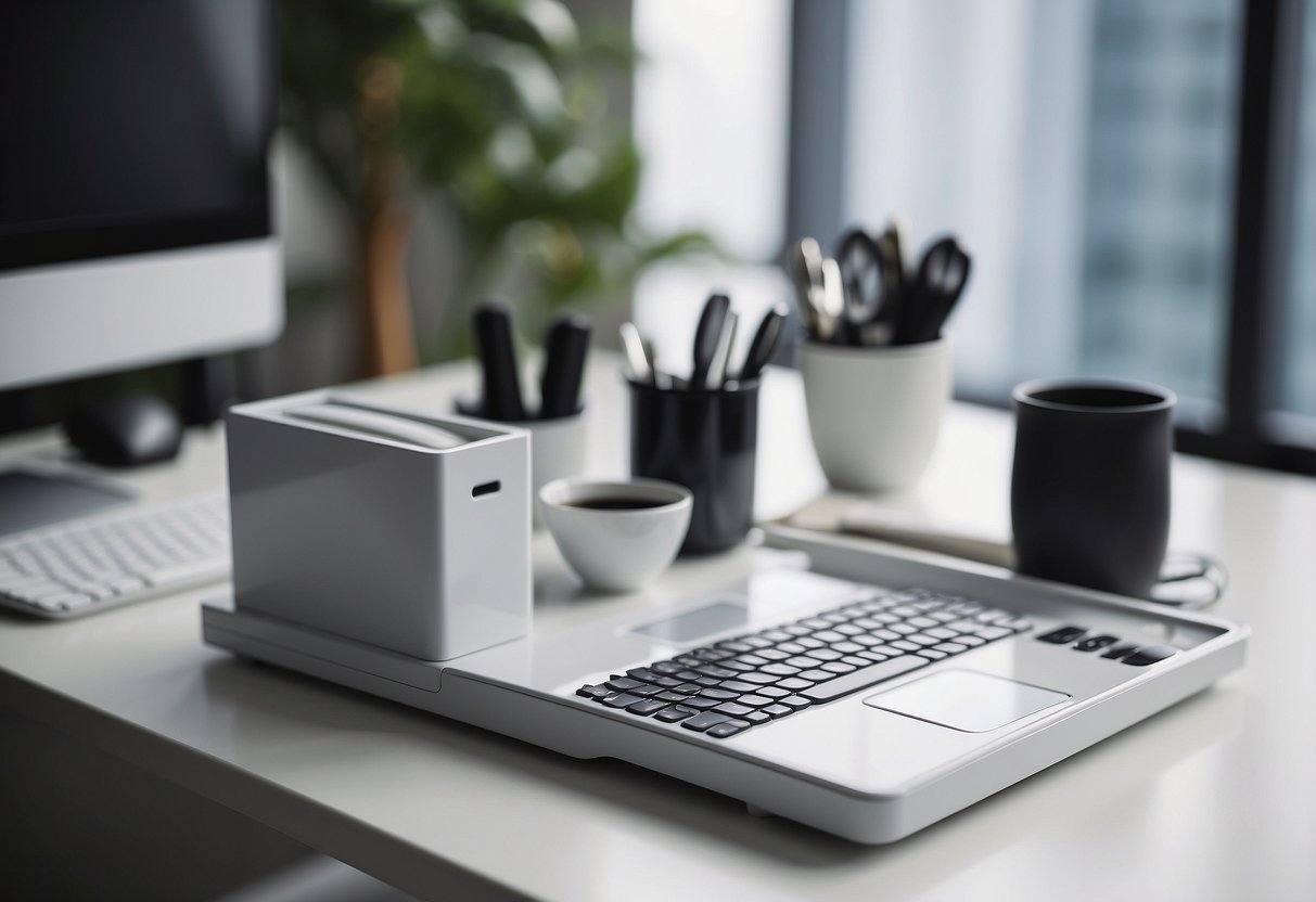 A sleek white desk organizer sits on a clean white desk in a modern home office setting