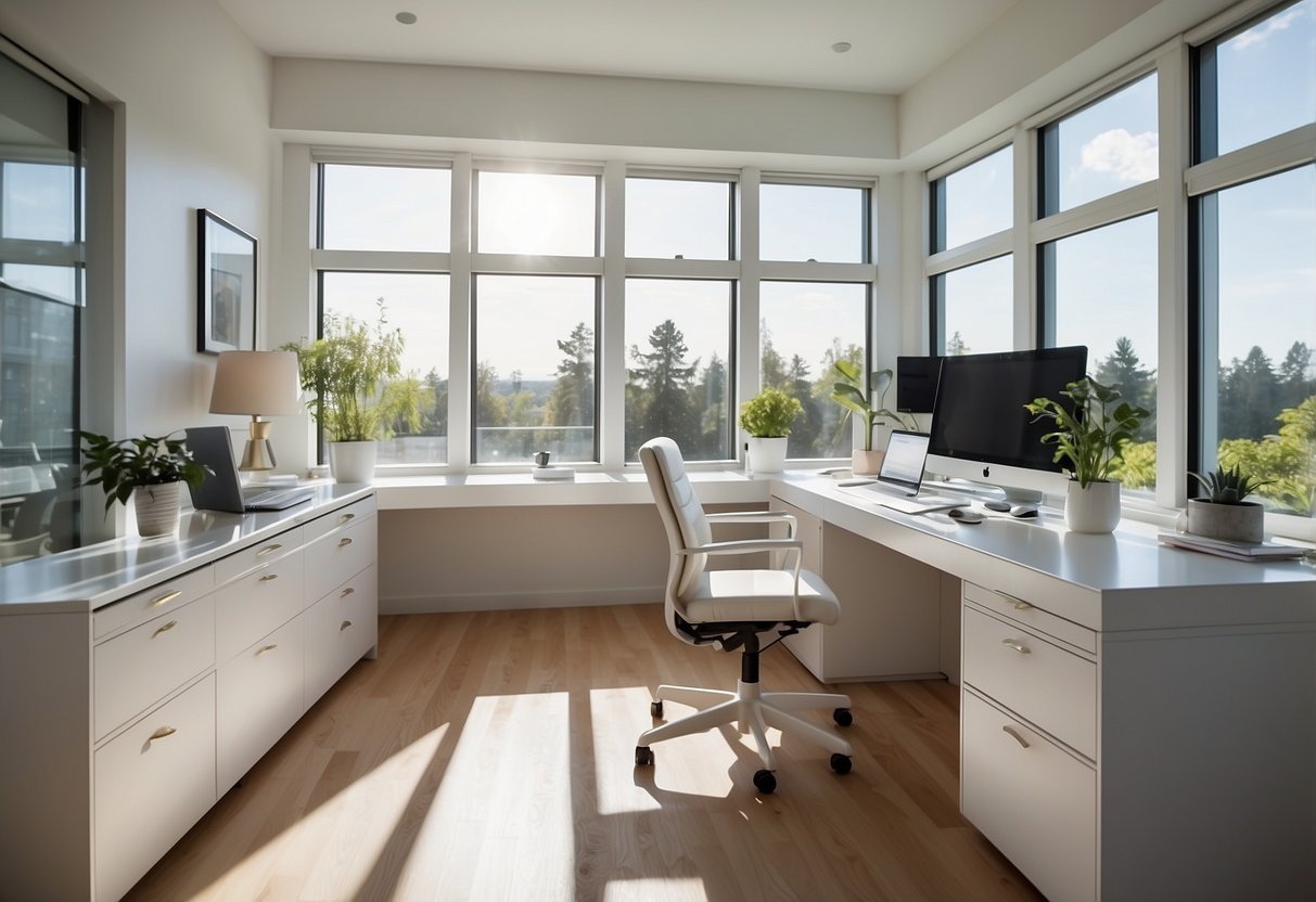 A bright, airy home office with sleek white furniture, including a spacious desk, ergonomic chair, and storage cabinets. Natural light streams in through large windows, creating a calming and productive workspace