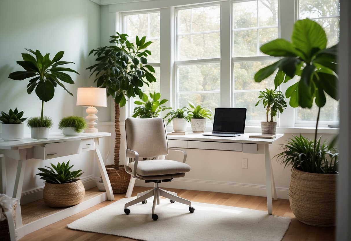 A bright, airy home office with white furniture, accented by green plants and natural light streaming in through large windows