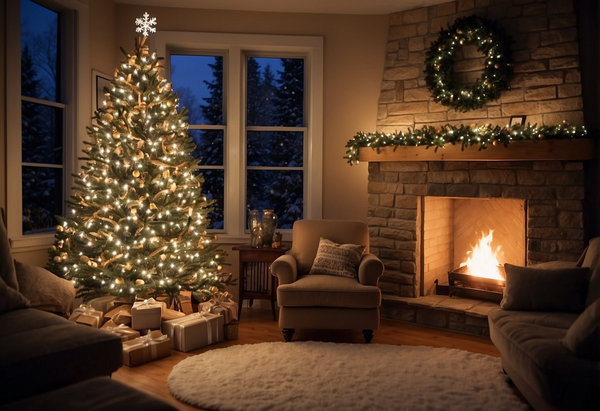 A cozy living room adorned with twinkling lights, pine garlands, and snowflake ornaments. A crackling fireplace adds warmth to the scene, while a snow-dusted Christmas tree takes center stage