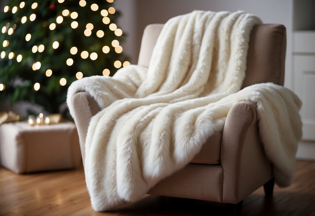 A white faux fur throw blanket draped over a cozy chair in a festively decorated living room, with twinkling lights and a Christmas tree in the background