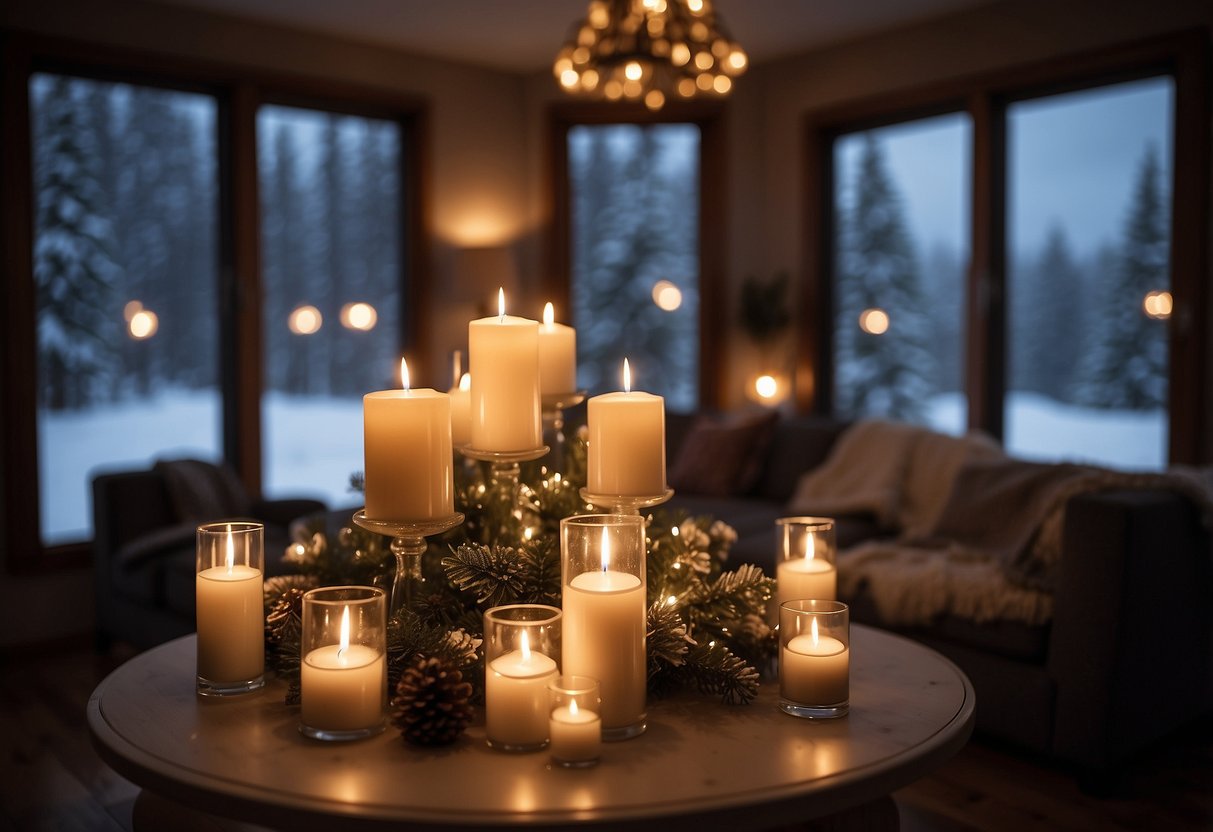 A cozy living room with ivory LED candles arranged on a mantelpiece, casting a warm glow on a snowy winter scene outside the window