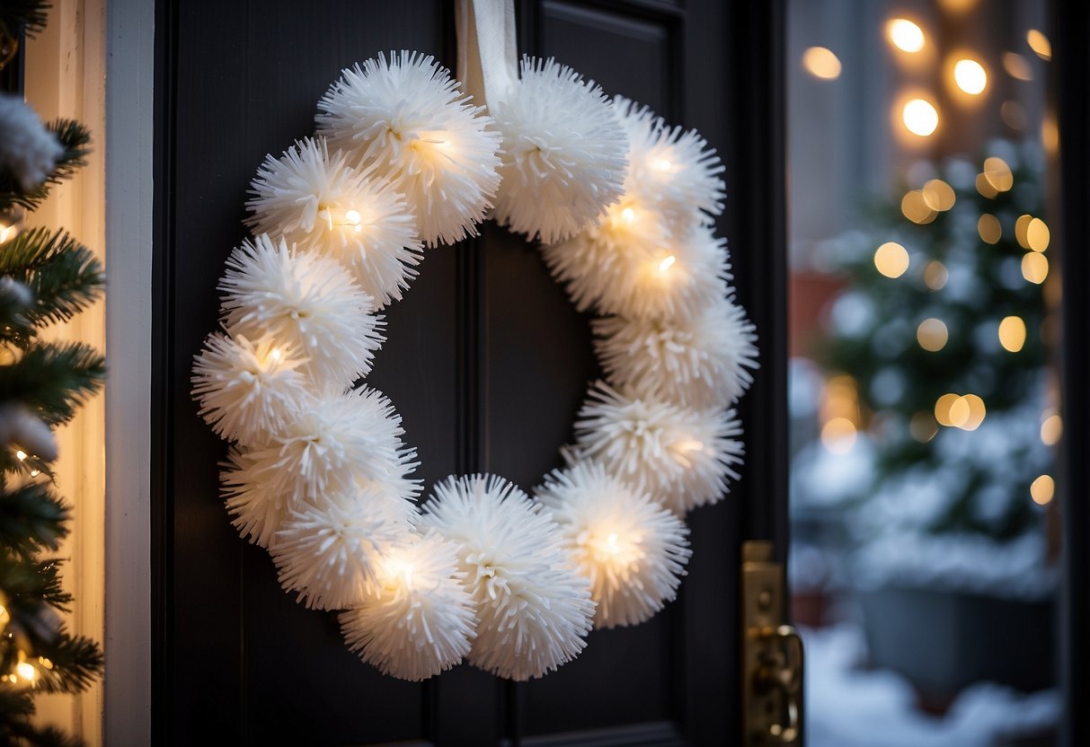 A white pom pom wreath hangs on a front door, surrounded by snowy branches and twinkling lights