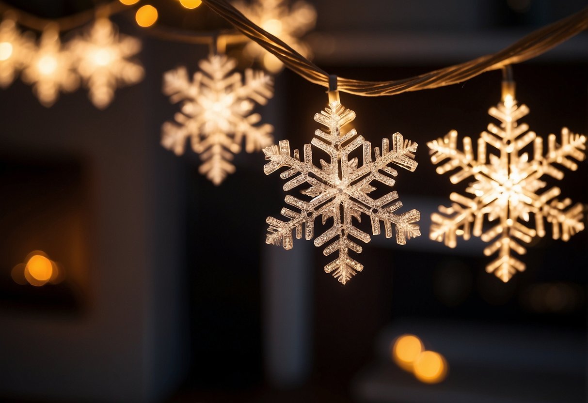 Snowflake string lights hang from a mantle, casting a soft glow on a cozy living room adorned with white Christmas decorations