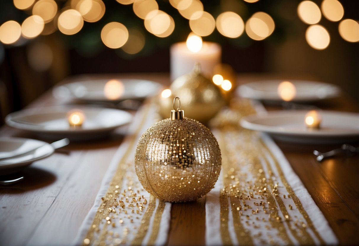 A white and gold table runner lays across a wooden table, adorned with festive Christmas decorations and twinkling lights