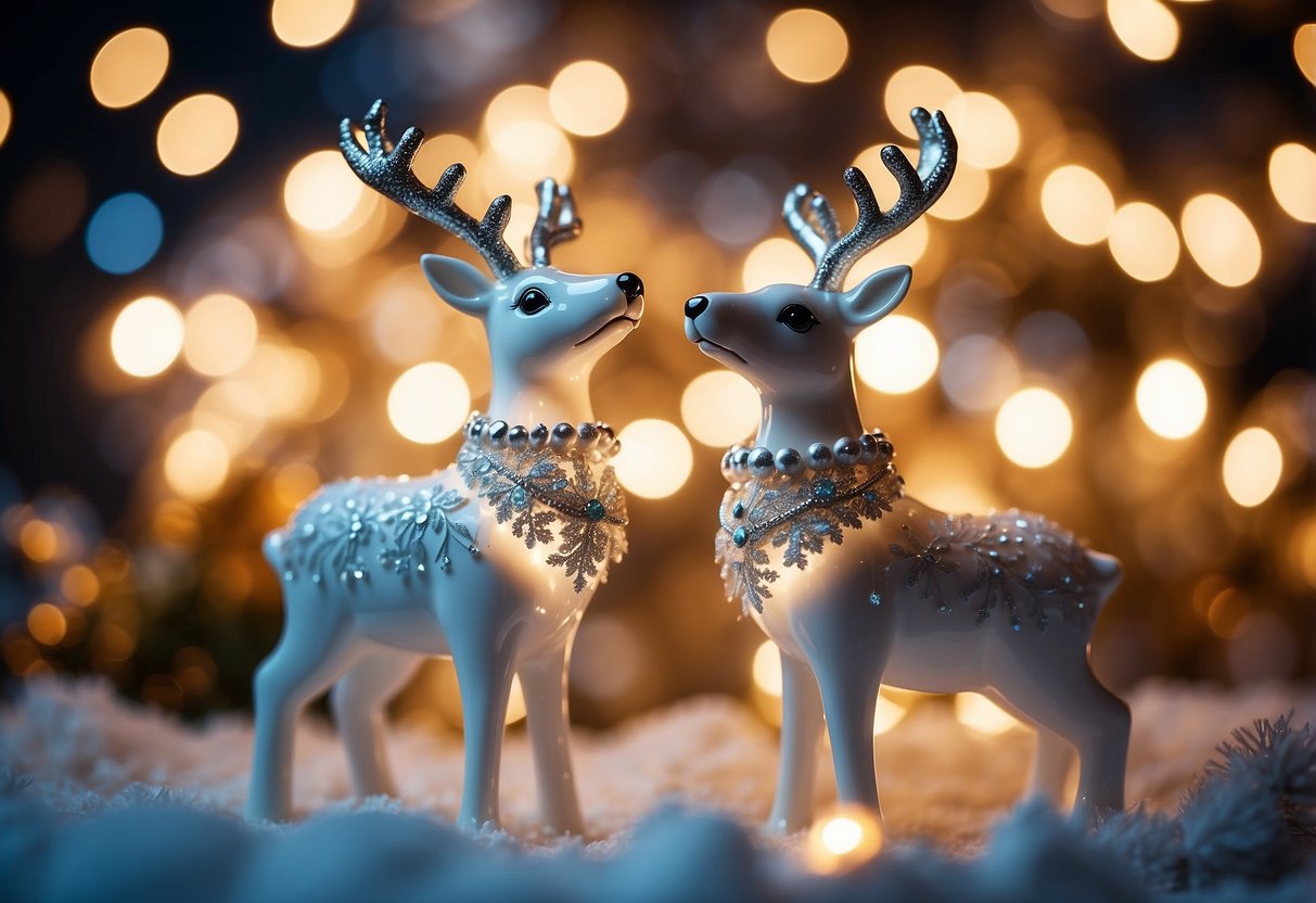 Two white ceramic reindeer figurines sit on a mantle, surrounded by twinkling lights and snowflake decorations