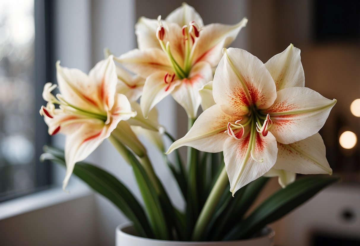 Silk amaryllis flowers adorn a white Christmas home decor, adding a touch of elegance and festive charm