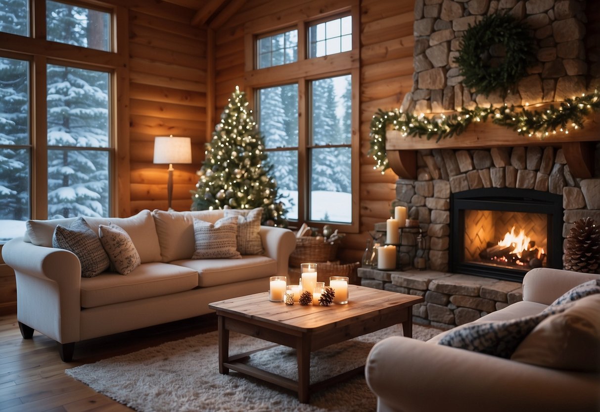 A cozy living room with a crackling fireplace, adorned with pine garlands, twinkling lights, and snow-dusted pinecones. A large, frosted window reveals a serene, snowy landscape outside