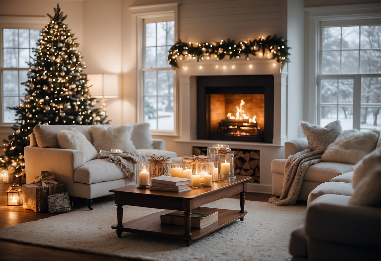 A cozy living room with a glowing fireplace, twinkling white string lights draped over the mantel and a sparkling Christmas tree adorned with white ornaments and twinkling lights