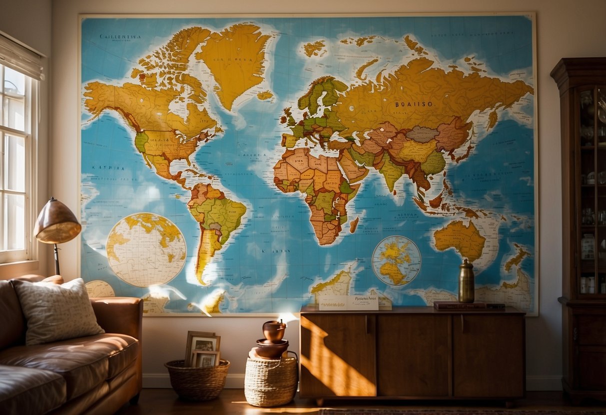 A world map hangs on a living room wall, surrounded by travel souvenirs and vintage globes. Sunlight streams through the window, casting a warm glow on the detailed map