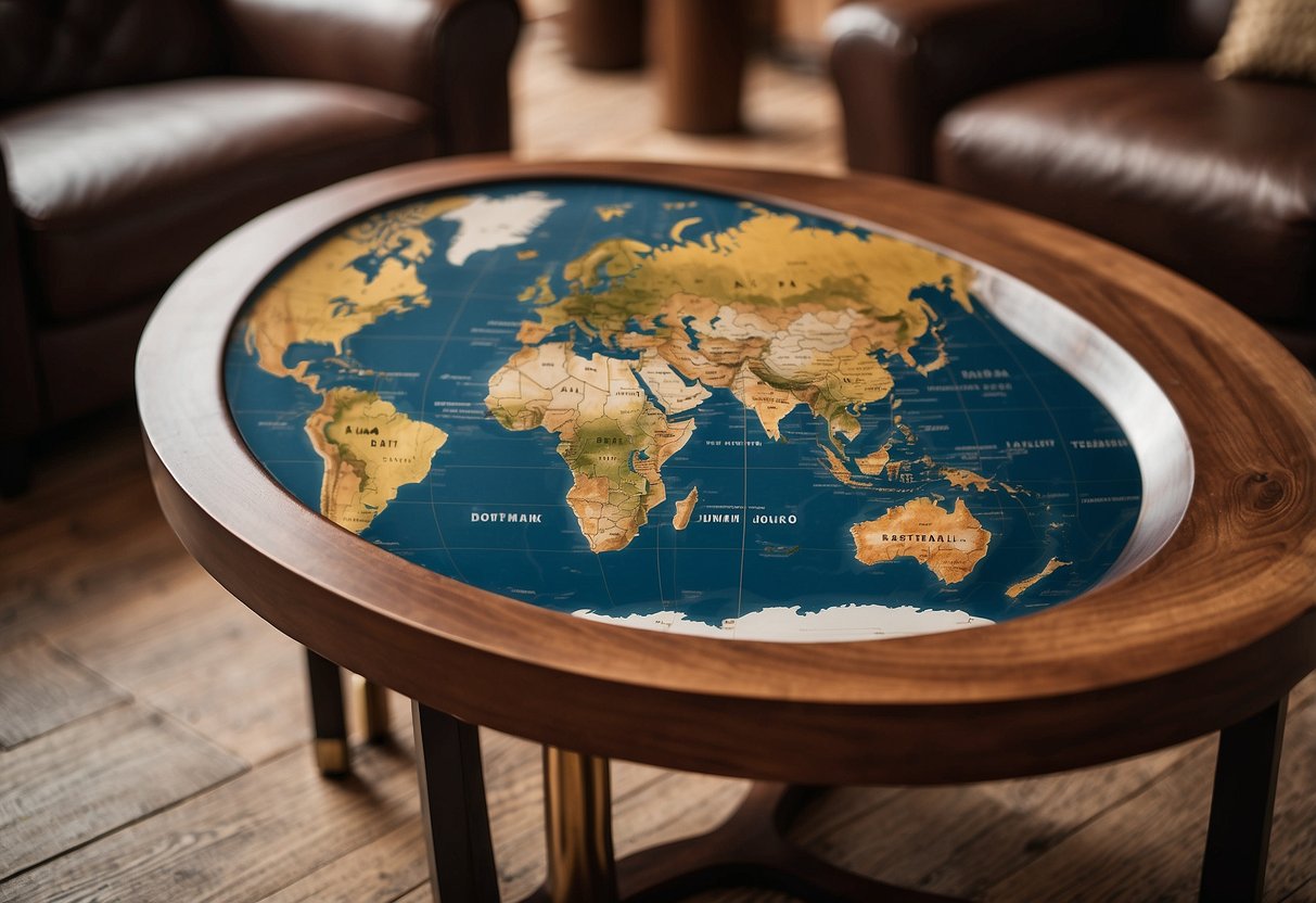 A wooden coffee table with a world map carved into the surface, surrounded by cozy chairs and a warm, inviting atmosphere