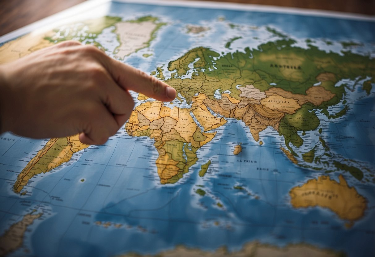 A hand holding a coin scratching off countries on a world map poster