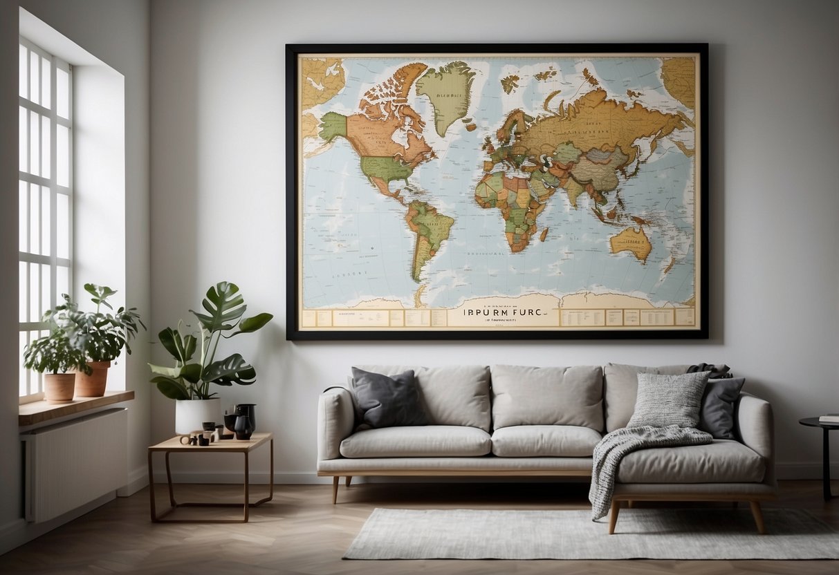 A framed world map print hangs on a white wall, surrounded by minimalist home decor