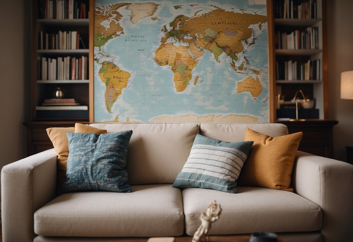 A cozy living room with world map throw pillows on a neutral-colored sofa, surrounded by travel books and globes