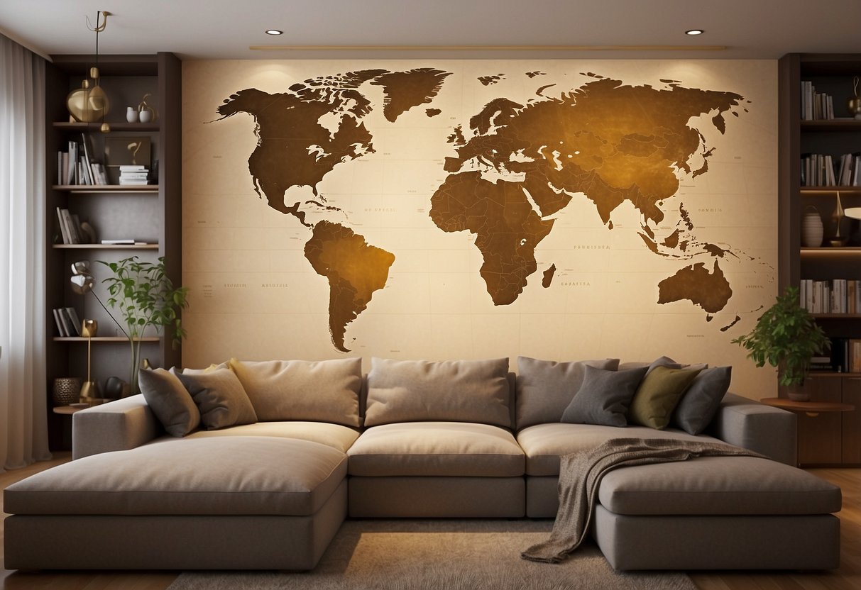 A world map decor hanging on a living room wall above a cozy sofa with warm lighting and bookshelves in the background