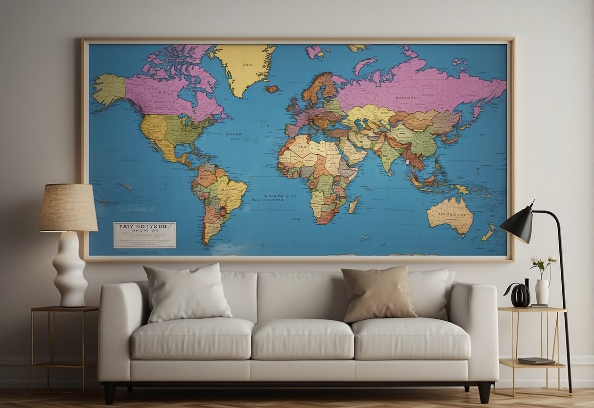 A world map hanging on a wall, surrounded by customizable frames and personalized travel pins