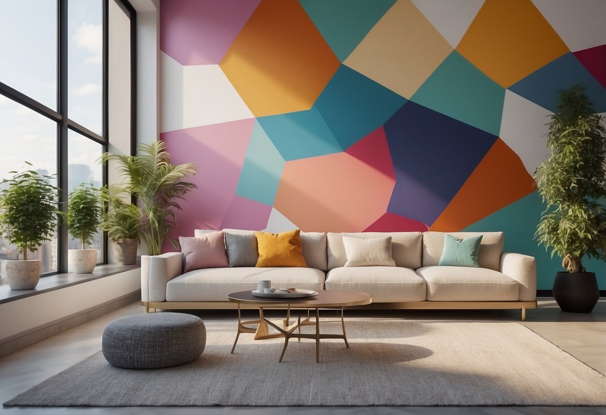 A colorful, geometric wall mural contrasts with minimalist furniture in a bright, airy room with large windows and potted plants