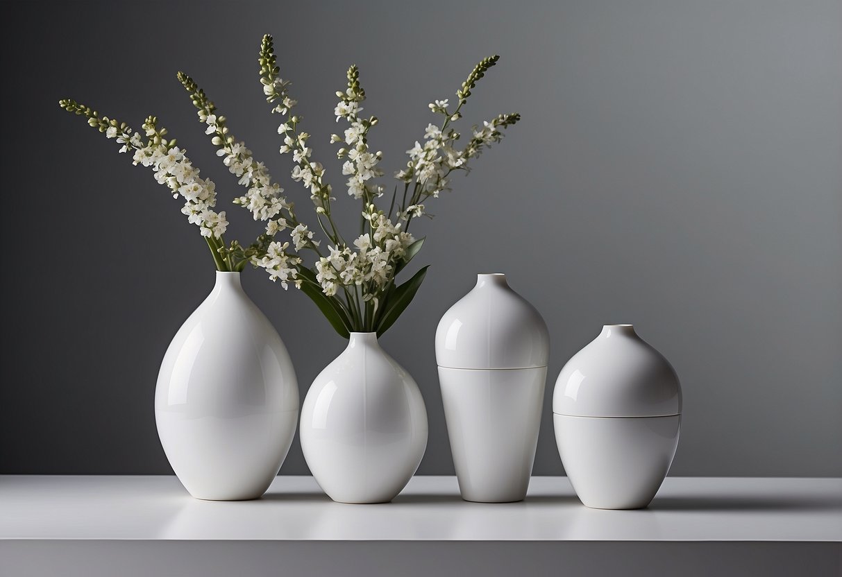 A sleek white table with three simple, geometric vases in various heights and shapes, set against a clean, white backdrop