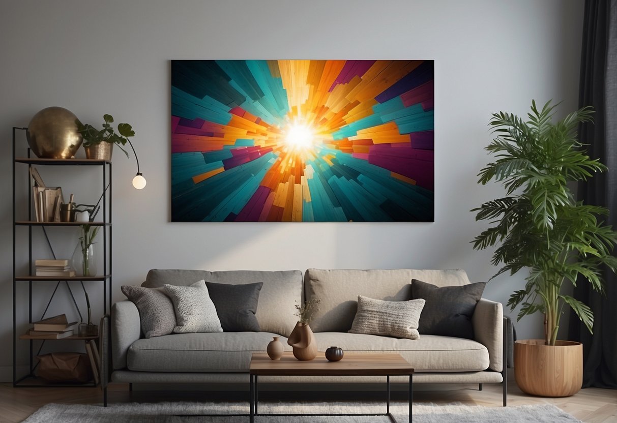 A modern living room with abstract tapestries hanging on the walls, adding a pop of color and texture to the home decor