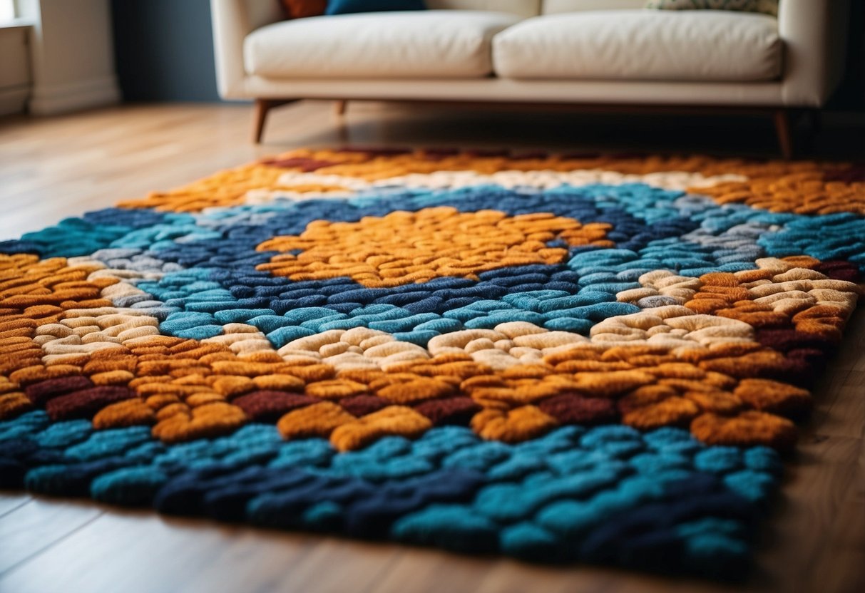 Vibrant rugs arranged in abstract patterns, adding a pop of color to a modern living room