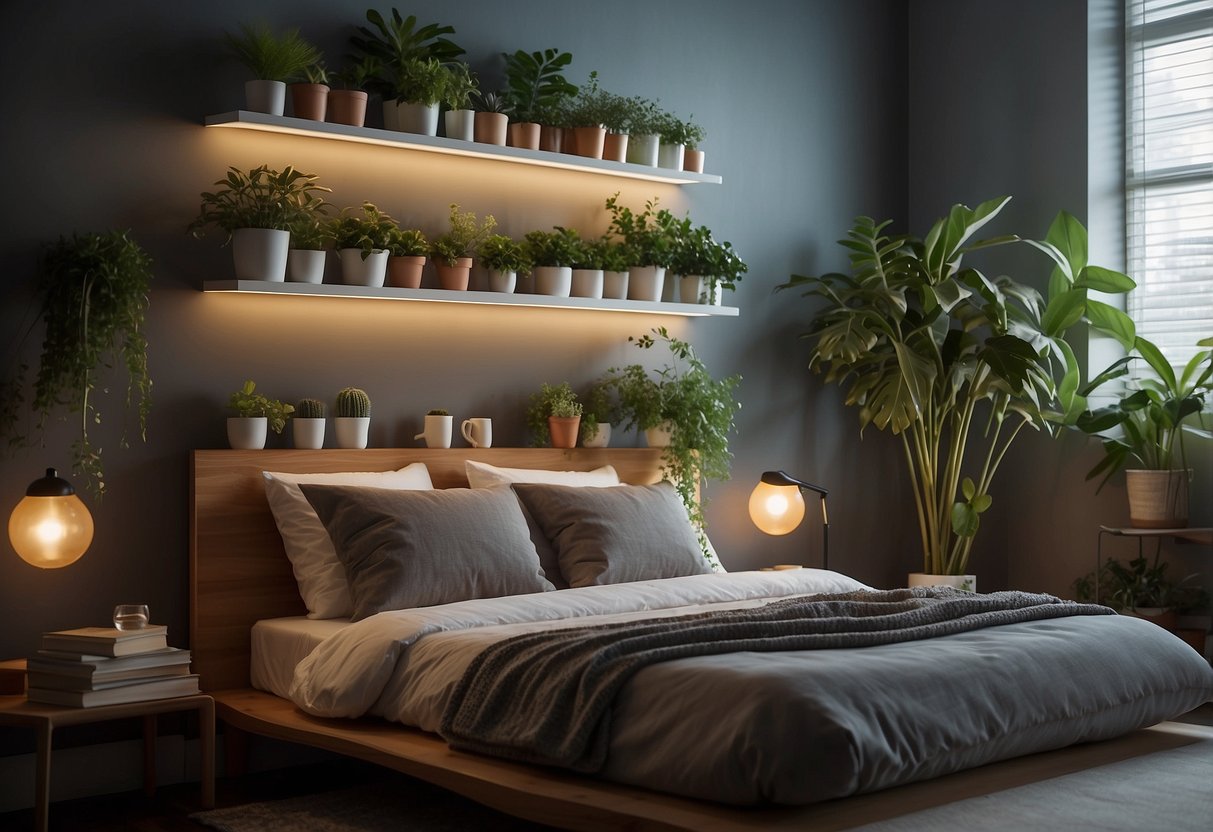 A row of floating shelves above a neatly made bed, adorned with potted plants, framed artwork, and soft ambient lighting