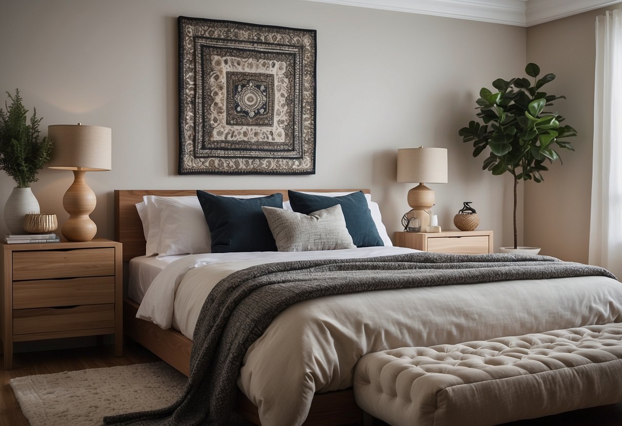 A cozy bedroom with a neutral color palette, featuring a pop of color above the bed, such as a vibrant piece of artwork or a bold, patterned tapestry