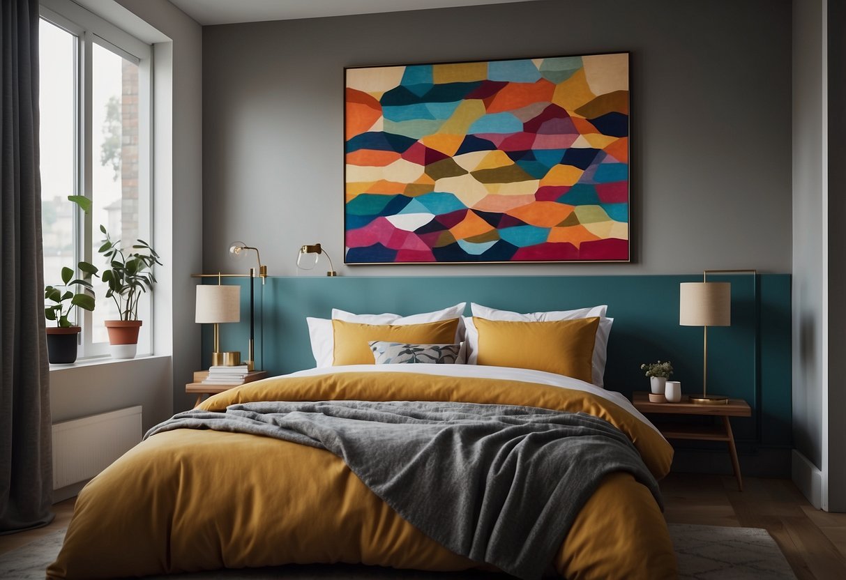 A cozy bedroom with a large, colorful artwork hanging above the bed, complemented by smaller pieces on the surrounding walls