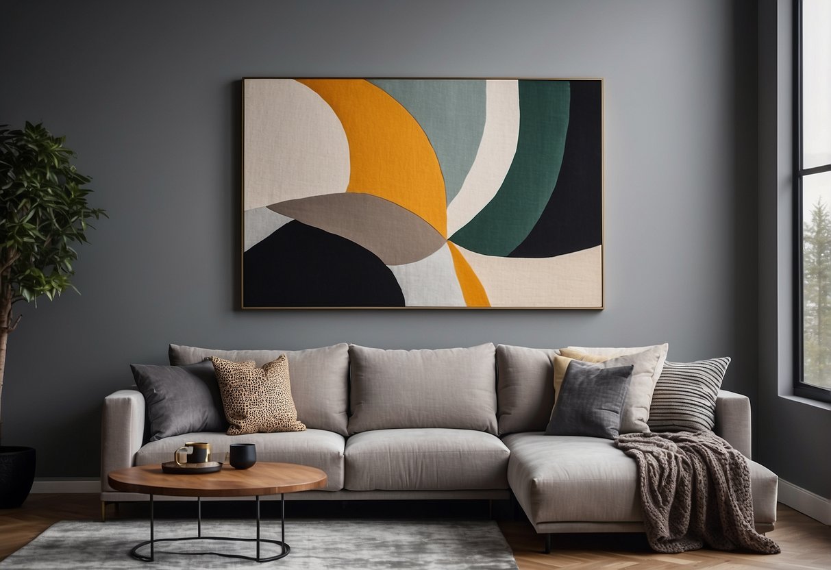 A large, abstract painting hangs above the plush grey couch, adding a pop of color to the neutral living room. A collection of decorative throw pillows in various textures and patterns are neatly arranged on the couch