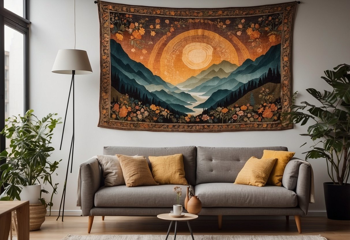 A large, intricately woven tapestry hangs above a cozy couch in a well-lit living room, adding warmth and texture to the space