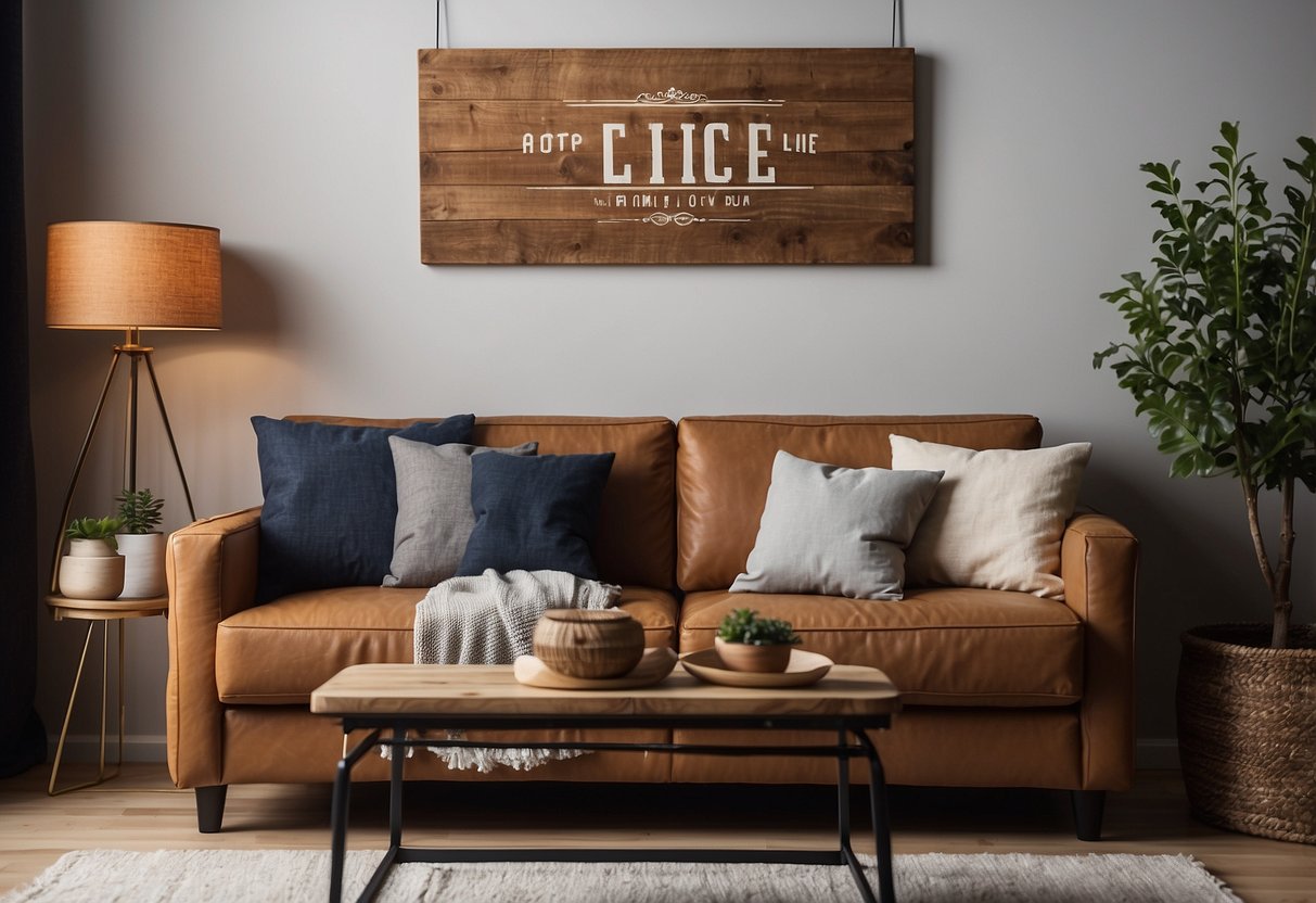 A cozy living room with a rustic wood sign hanging above the couch, adding warmth and charm to the space