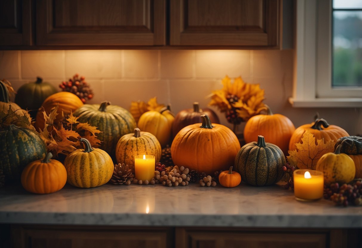 Colorful pumpkins, gourds, and autumn leaves arranged on top of kitchen cabinets. Twinkling string lights and a festive garland add a cozy touch