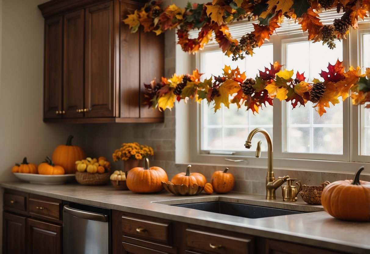 A colorful fall garland drapes elegantly above the kitchen cabinets, showcasing vibrant autumn leaves, berries, and pumpkins