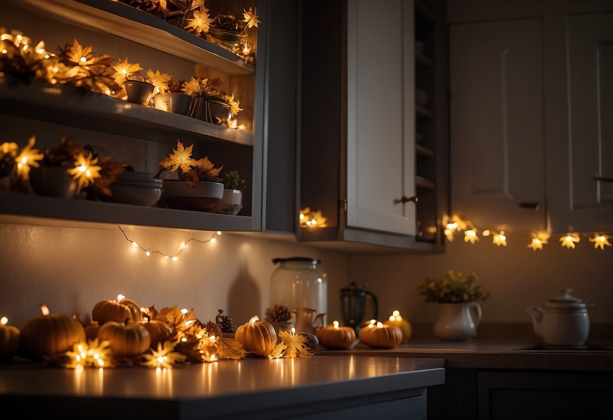 Autumn leaves string lights draped above kitchen cabinets, casting a warm and cozy glow