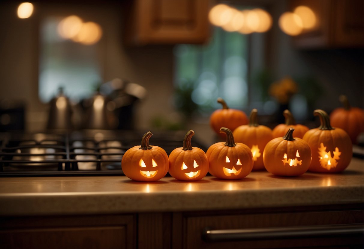 Miniature pumpkins arranged on top of kitchen cabinets with fall foliage and warm lighting