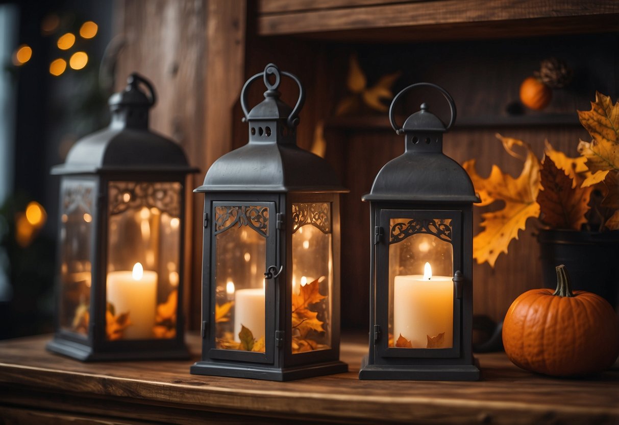 Rustic lanterns arranged on top of kitchen cabinets, surrounded by autumn leaves and pumpkins