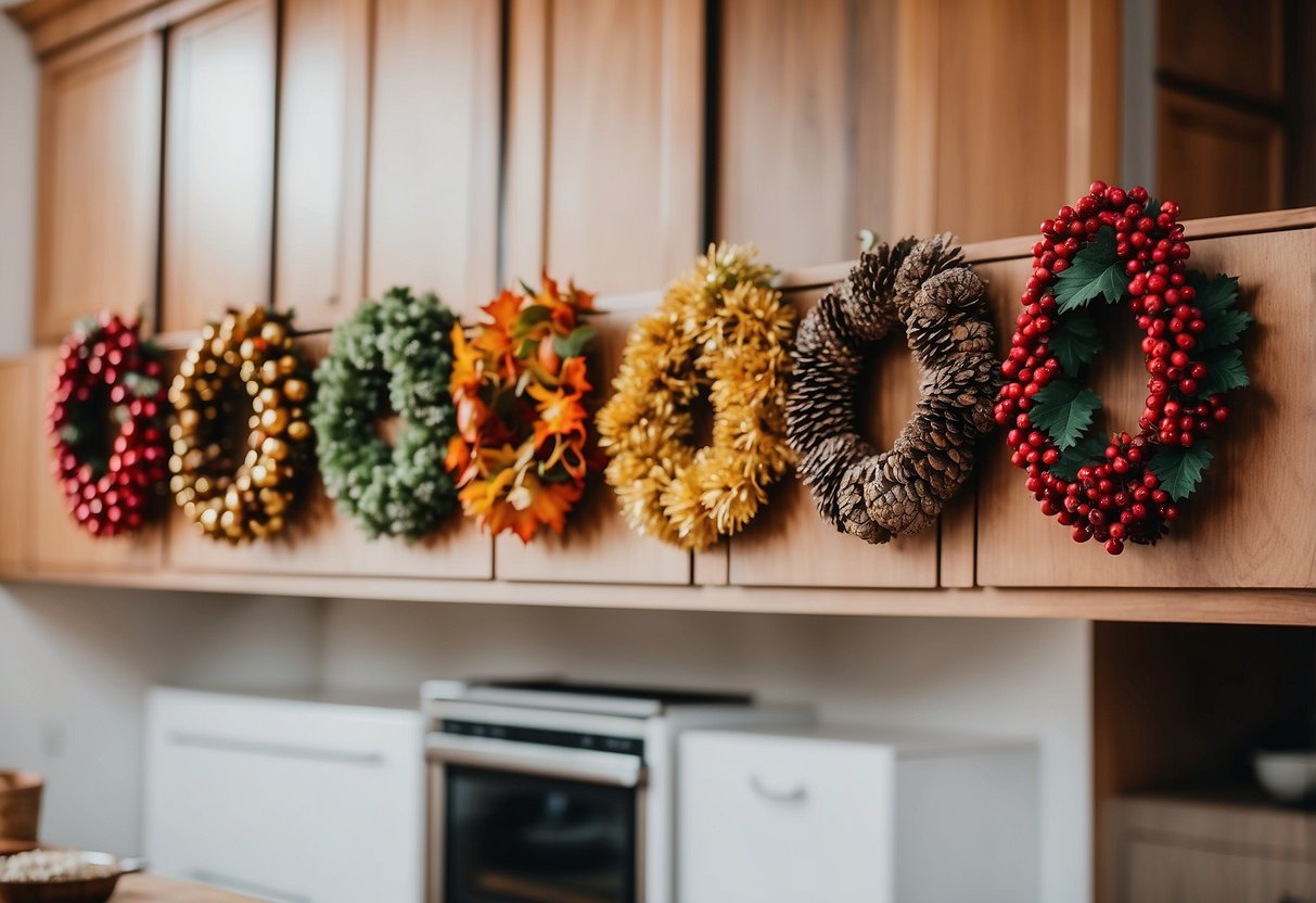 A row of colorful seasonal wreaths hung above kitchen cabinets, with autumn leaves, berries, and pinecones creating a festive fall decor