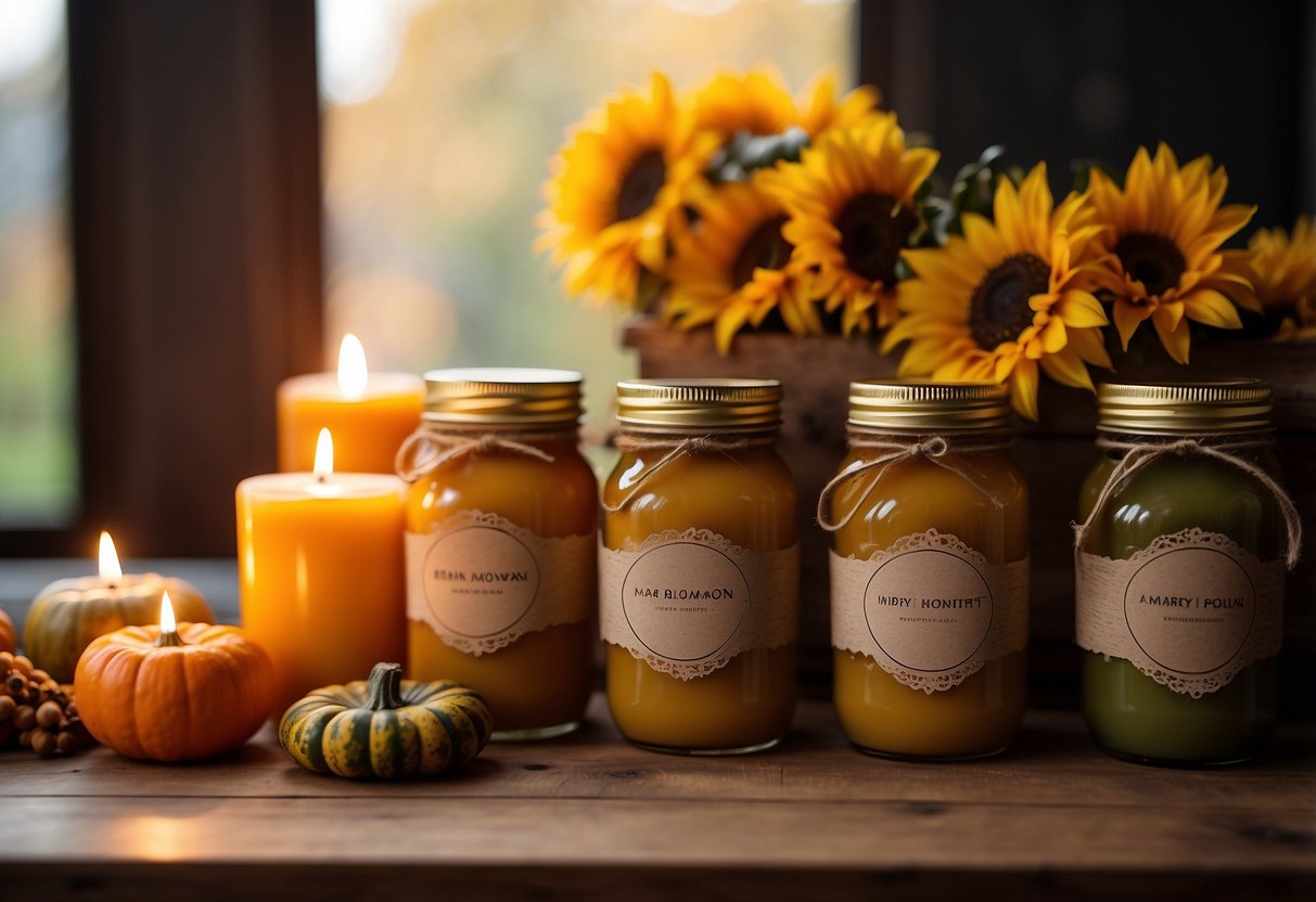 A row of harvest-scented candles arranged on top of wooden cabinets, surrounded by autumn leaves, pumpkins, and sunflowers