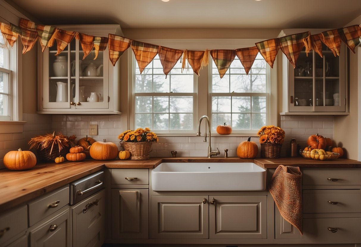 Colorful plaid fabric bunting draped above kitchen cabinets. Rustic fall decor with pumpkins and autumn leaves