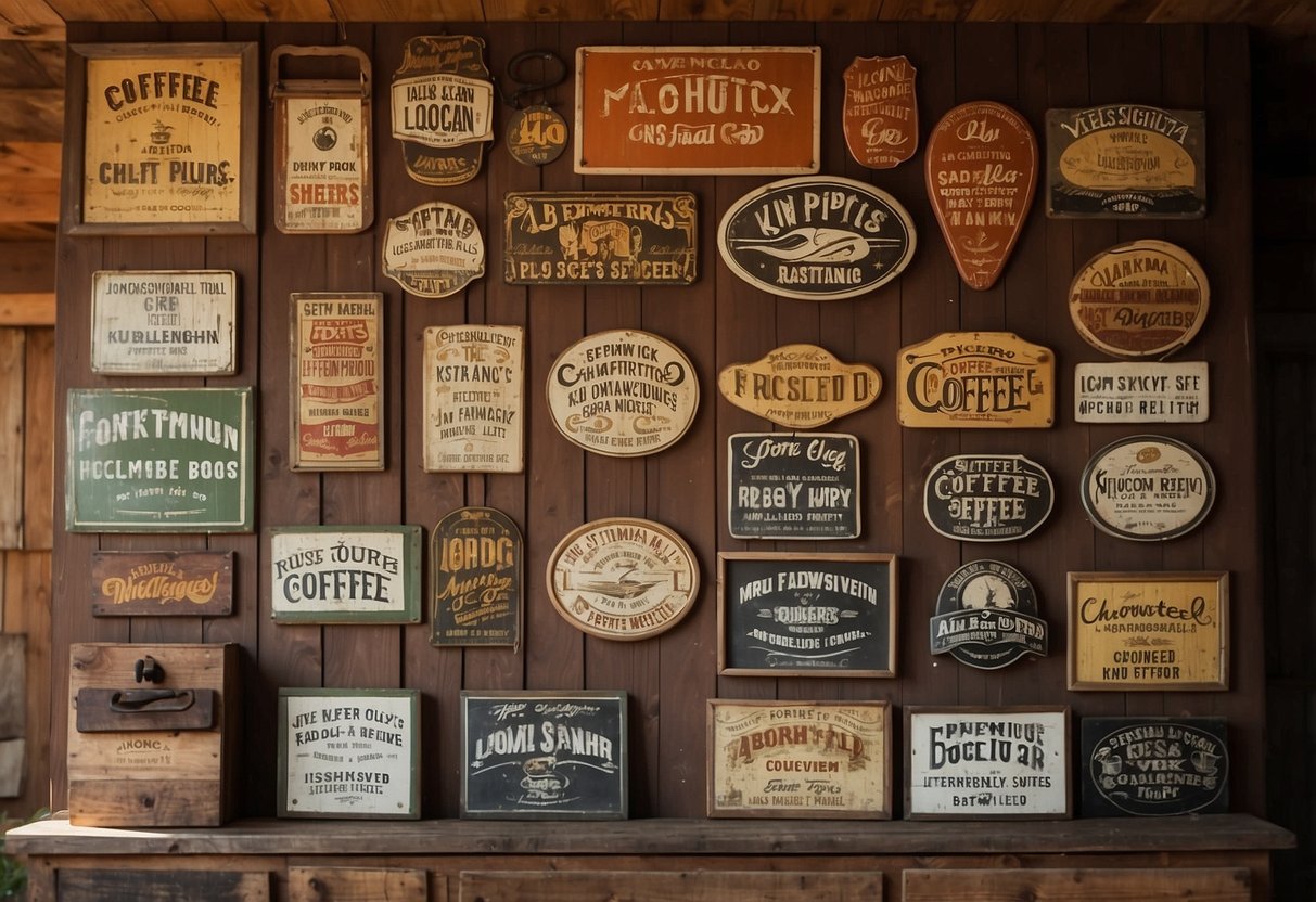 A collection of weathered vintage signs, including ones for coffee, farm fresh eggs, and local produce, are arranged above rustic kitchen cabinets