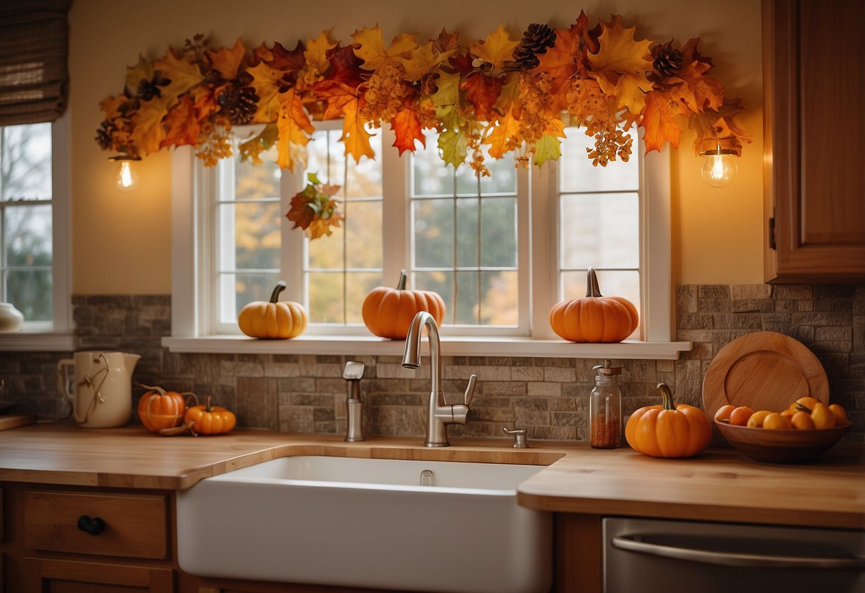 A cozy kitchen scene with fall-themed decor placed above the cabinets. Warm, earthy colors like deep oranges, rich reds, and golden yellows create a welcoming and festive atmosphere