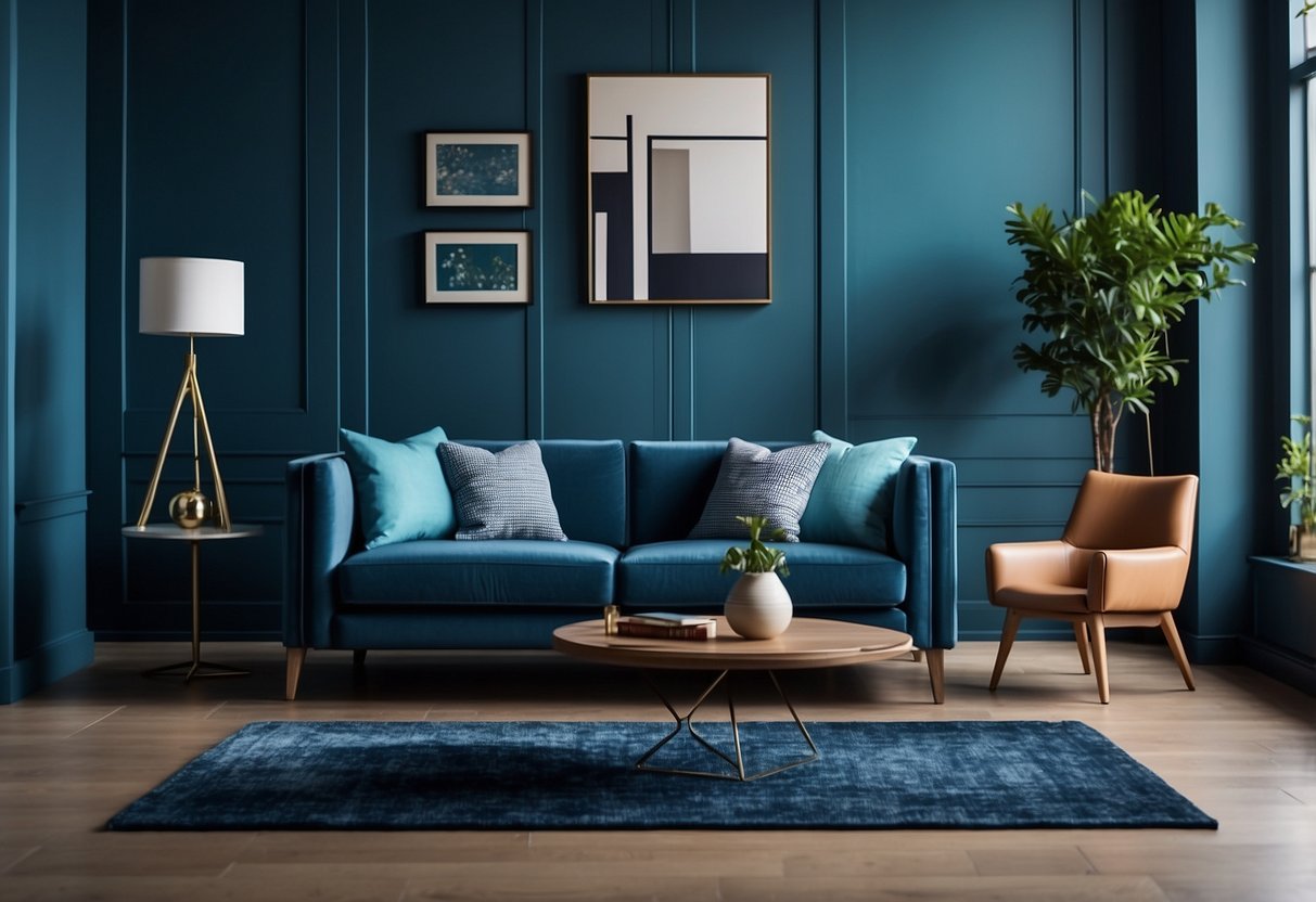 A living room with a navy blue sofa, sky blue curtains, and turquoise throw pillows. A navy blue area rug ties the room together, with blue vases and artwork adding accents