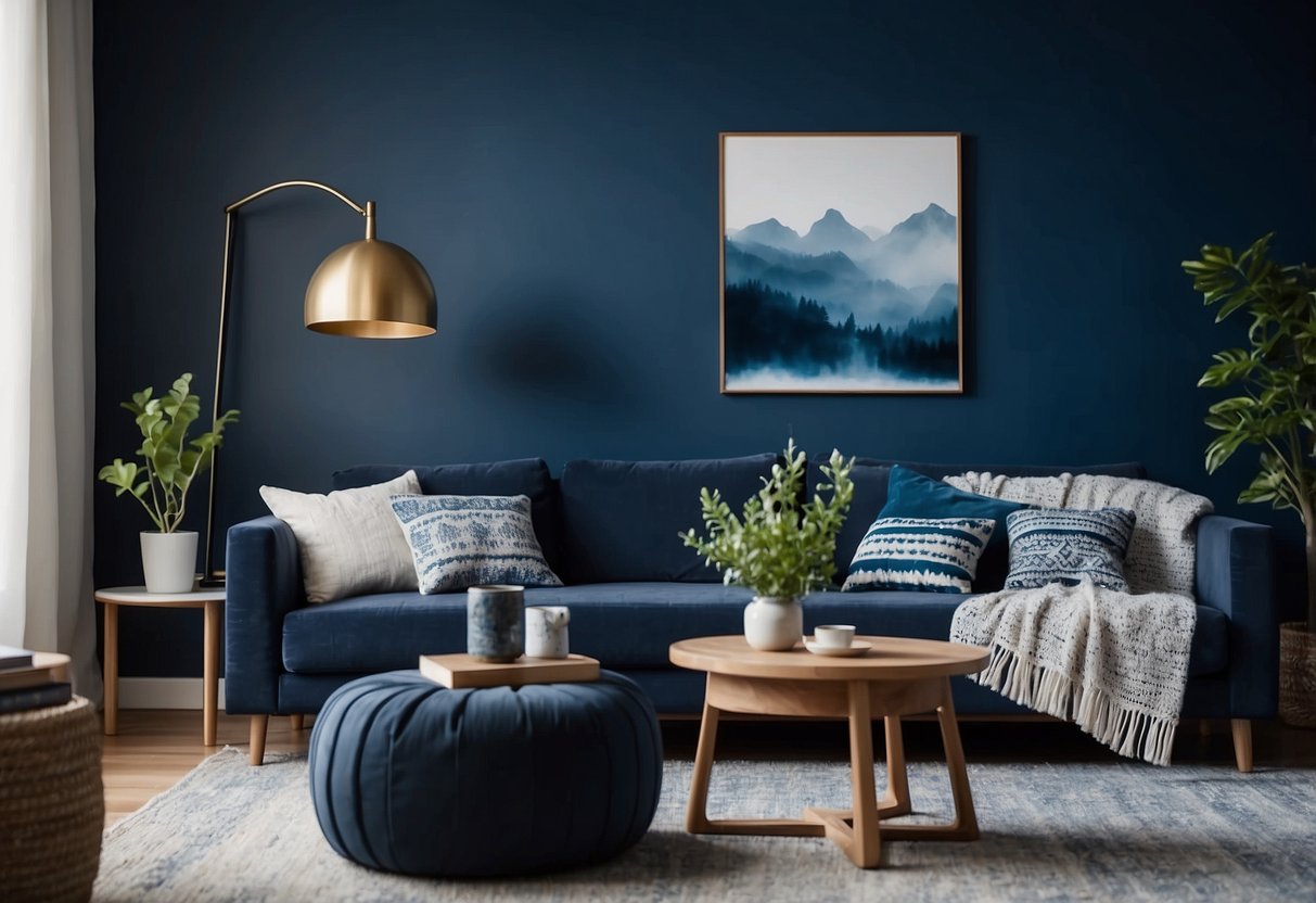 A cozy living room with indigo wall art, featuring blue accent pillows and throw blankets