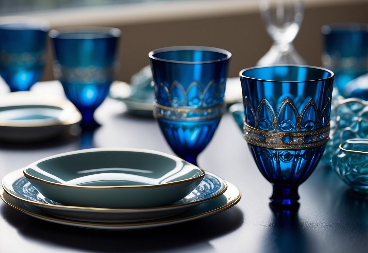 A table set with sapphire glassware, adorned with blue accents and elegant patterns