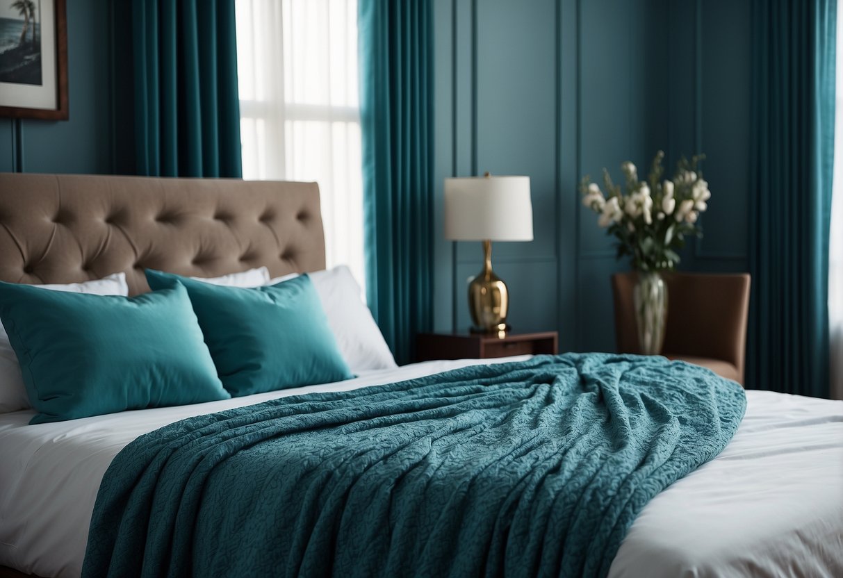 Aqua bedspread draped over bed with blue accent pillows, vase, and curtains