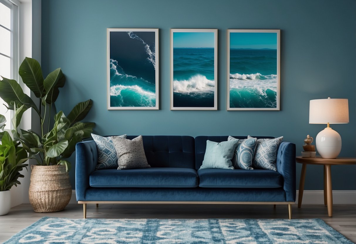 A living room with a navy blue sofa, light blue throw pillows, and a turquoise rug. A gallery wall of ocean-themed art complements the blue accents